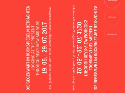 Invitation card of the exhibition LOOKING AT THE PRESENT THROUGH REAR-VIEW MIRRORS / Eva EGERMANN · Stefan HAYN · Kerstin SCHROEDINGER · Vladislav SHAPOVALOV / Kunstpavillon Innsbruck 19 May - 29 July 2017
