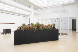 Photo of exhibition space with black objekt and on top terracotta figures and rosmary on earth and charcoal