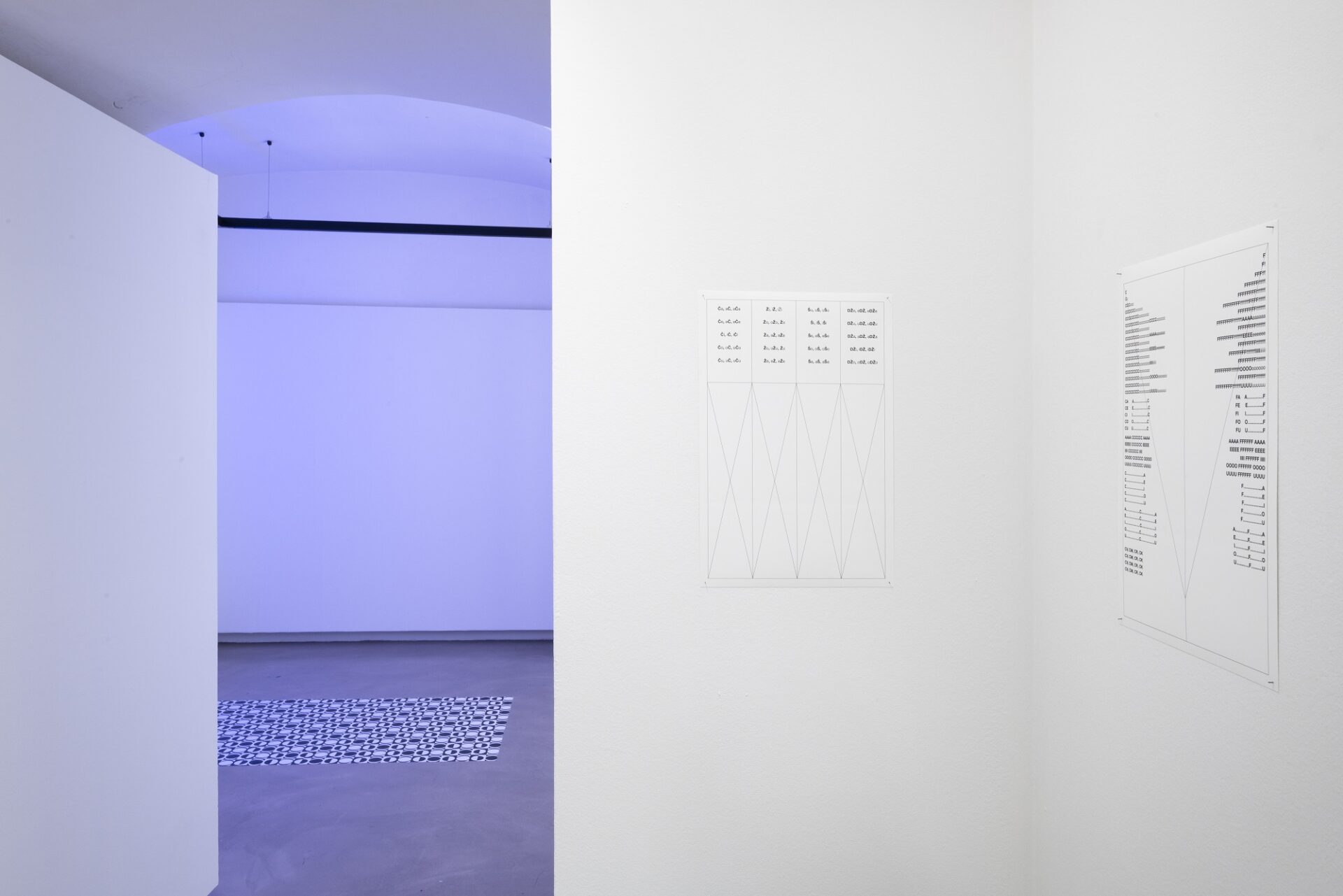 exhbition view, on the right of the picutre there is a dada poem on the wall, in the background blue light