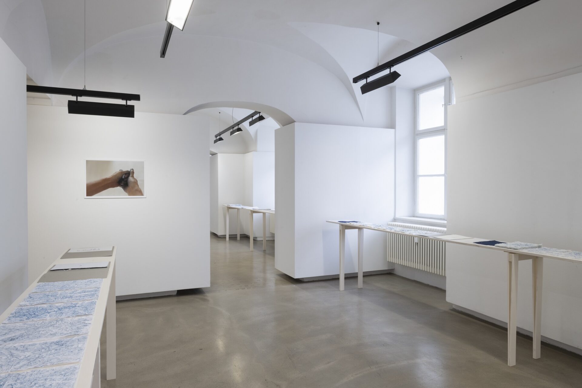 Foto Ausstellung Neue Galerie mit schmalen Tischen und weißen, blauweißen und blauen Blättern darauf, an der Wand ein Foto von einer Hand die etwas dunkles zerdrückt
