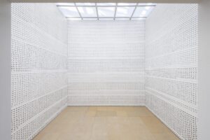 Foto Ausstellung mit einem Raum voller weißer Leisten darauf liegen gefeilte Dattelkerne