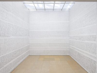 Foto Ausstellung mit einem Raum voller weißer Leisten darauf liegen gefeilte Dattelkerne