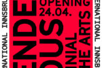 graphic design Innsbruck International 2026 black letters on red background and on the sides on white background
