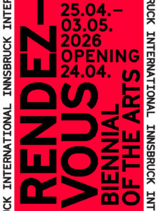 graphic design Innsbruck International 2026 black letters on red background and on the sides on white background
