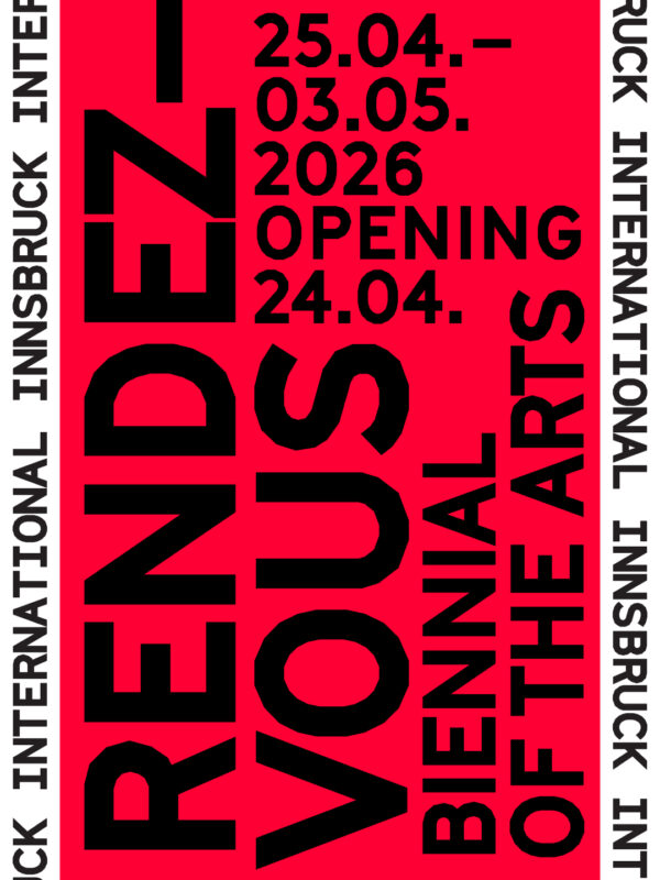 graphic design Innsbruck International 2026 black letters on red background and on the sides on white background