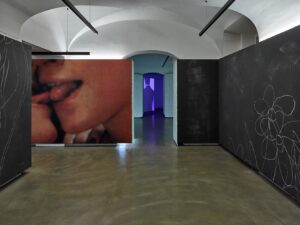Photo of an exhibition featuring chalk drawings on a black wall, a photograph of two tongues touching, and a video installation in the background