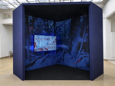 Ausstellungsansicht mit blauem Kubus mit Monitor vor dunkelblauer Waldlanschaft und Holzpaneelen an der Wand