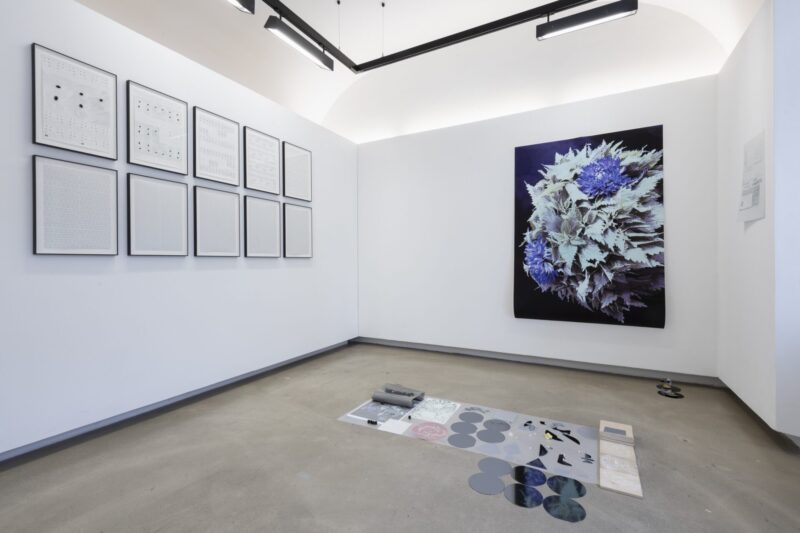 hoto exhibition space with framed black-and-white photographs on the left, a photograph of a bouquet of flowers against a black background, and an assemblage on the floor