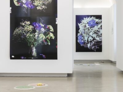 Foto Ausstellung mit Kreis am Boden und zwei Fotos von Bluemnstrüßen auf schwarzem Hintergrund an den Wänden