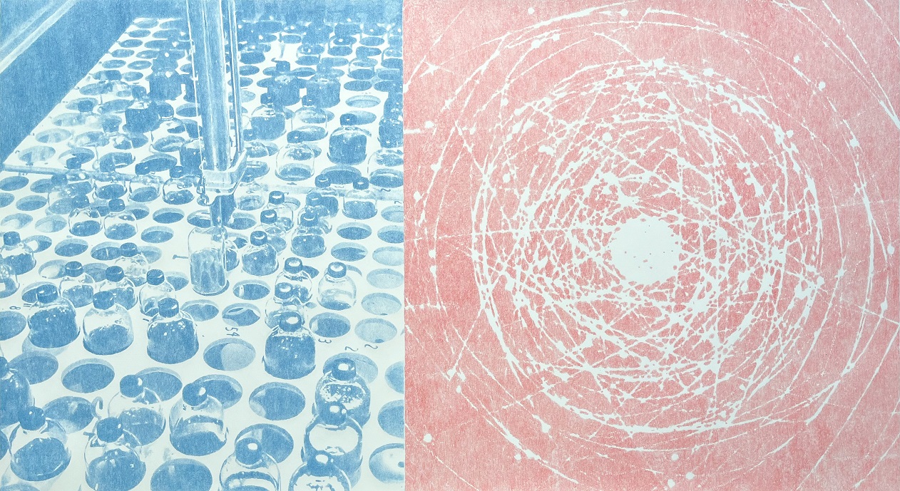 Eine Zeichnung mit einer blauen Fläche links mit Reagänzgläsern un einer roten Fläche rechts mit weißen Kreisen und Linien